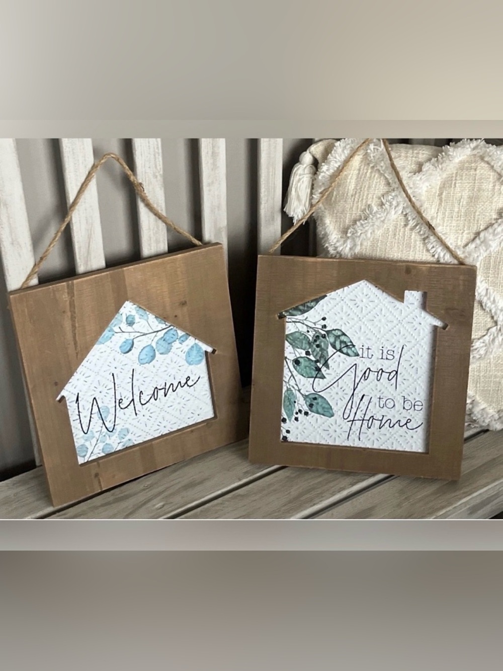 Wooden House Wall Plaque Set with Blue Leaf Accents - 2pc